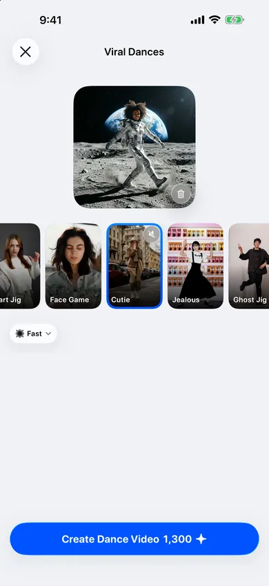 Viral Dances screen with dance styles such as Face Game, Cutie and Jealous